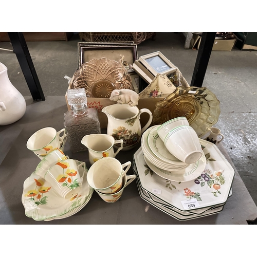 659 - Large collection of items including vintage teacups and plates, photo frames, decanters and jugs