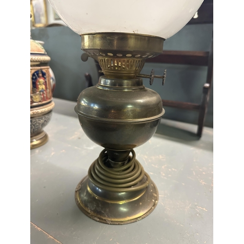 792 - Vintage converted brass oil lamp with globe shade