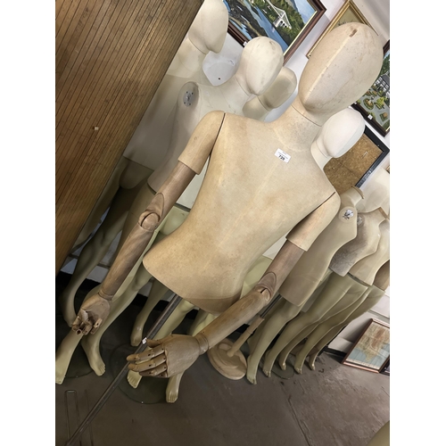 720 - Torso mannequin with removable head and removable adjustable wooden arms on metal stand