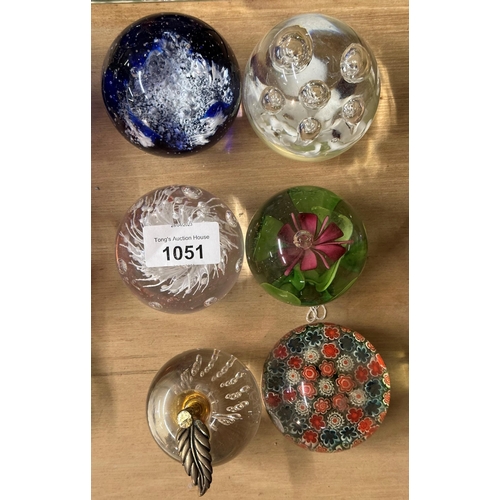 1051 - Collection of 6 Glass paperweights including Miliefiori