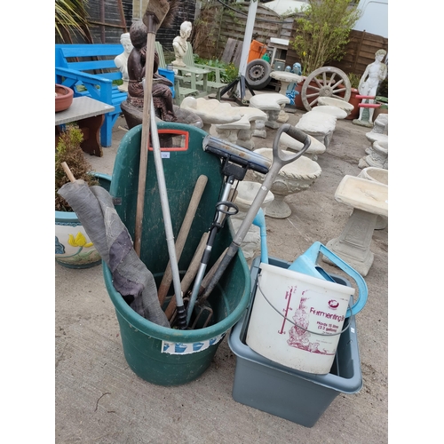 139 - Large collection of gardening tools, tubs and very useful garden pull along bucket trolley.