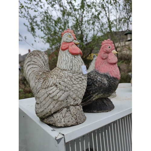 159 - 2 aged chicken painted garden ornaments.