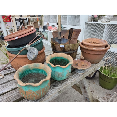 166 - Large collection of garden tools, pots and a lovely small cast iron birdbath.