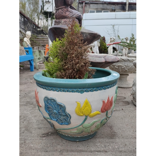 18 - Stunning heavy glazed colourful planter and conifer tree planter is 15