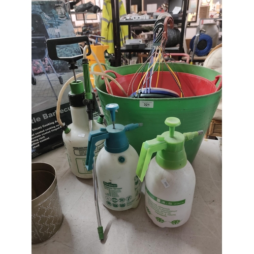 321 - TWO BUILDERS BUCKETS THREE PRESSURE SPRAYERS AND  HANGING BASKET HOLDERS