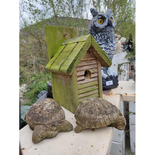 65 - 2 Stone tortoise and wooden bird house