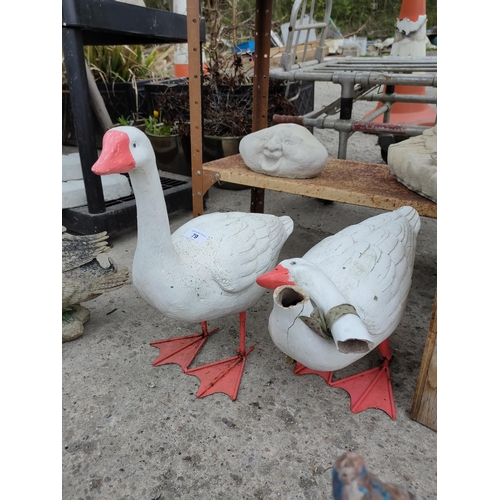 79 - Pair of white GEESE garden ornaments damage to one