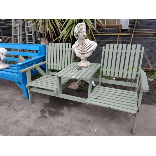 9 - Twin outdoor wooden love seat in fair condition, central table.