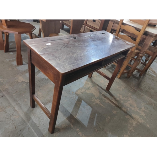 1392 - Vintage double school desk with ink wells.