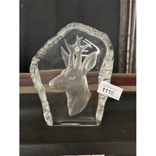 1116 - Large Heavy glass paperweight with glass Deer decoration