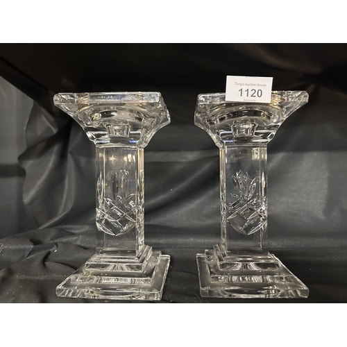 1120 - Apair of Hand cut Rockingham Crystal candle holders with labels