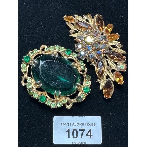 1074 - Stunning very large Gold coloured brooch with very large green stone and Multi stoned gold coloured ... 
