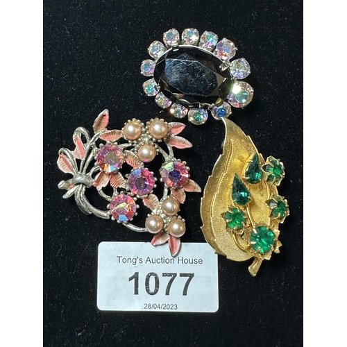 1077 - 3 Vintage dress brooches all with multi coloured stones all complete in good order