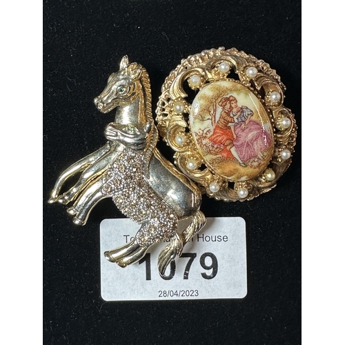 1079 - Antique style Cameo brooch and Horse and Fold Brooch