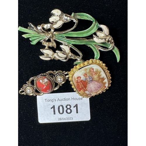 1081 - 3 Beautiful brooches one large enamelled floral brooch and 2 others