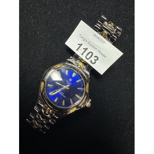 1103 - Blue faced Swiss Time with gold and black toned strap brand new
