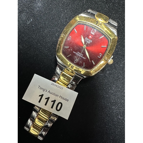 1110 - Red Faced swiss time gents metal strap wrist watch