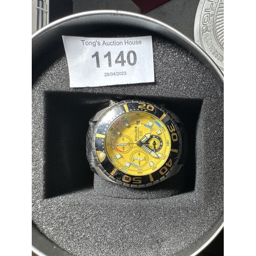 1140 - Boxed Police watch yellow faced with leather strap