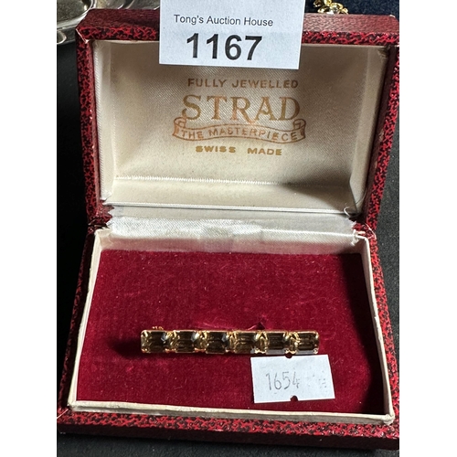 1167 - Vintage Boxed Strad yellow metal with Smoked Quartz stones in box