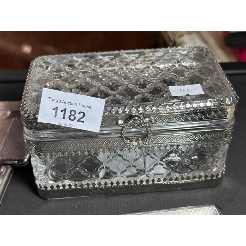 1182 - Beautiful glass with metal decoration jewellery box and Large engine turned cigarette case