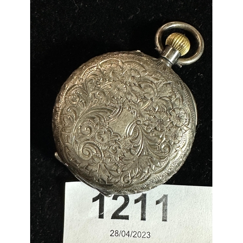 1211 - Vintage Swiss silver ladies pocket watch top winder enamelled face missing the Crystal