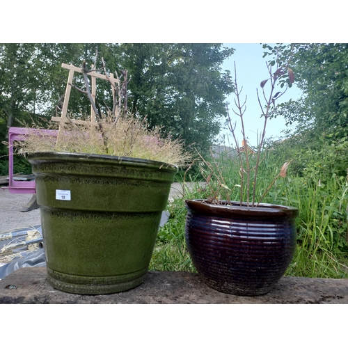 18 - 2 glazed stone plant pots with plants