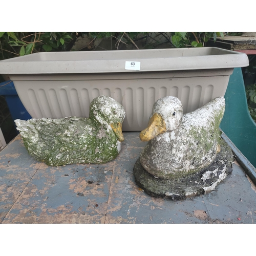 63 - PAIR OF CONCRETE DUCKS AND LONG PLANTER