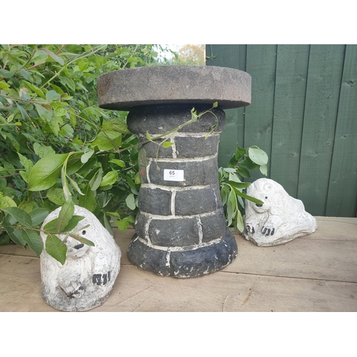 65 - CONCRETE COLUMN , STONE AND 2 LION ORNAMENTS