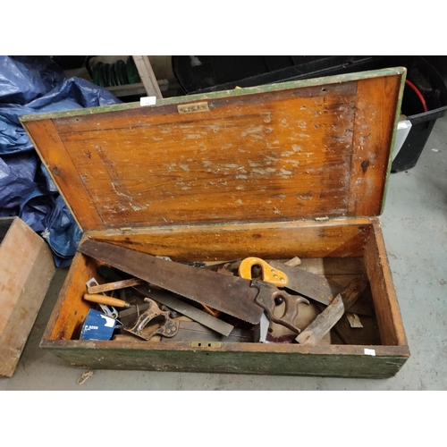 397 - VERY LARGE VINTAGE TOOL BOX WITH SAWS AND MORE