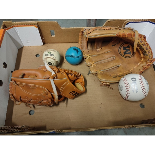 410 - VINTAGE BASEBALL GLOVES AND BALLS. SAFEBALL. OPTIMA. MACGREGOR