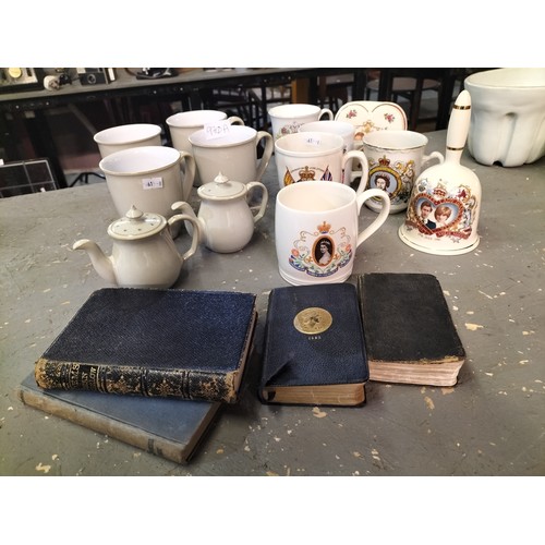 970A - Collection of vintage items including DENBY cups, Royal memorabilia and antique books and bibles.