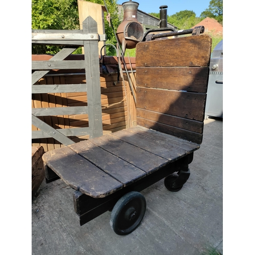 653 - INDUSTRIAL VINTAGE PLATFORM WOOD AND METAL TROLLEY , GREAT CONDITION, ORDER AND WONDERFUL PATINA