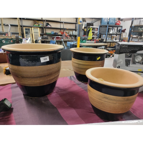 696 - x 3 graduating beautiful blue glazed stoneware planters as new