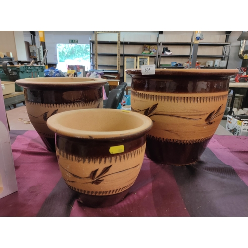 698 - BEAUTIFUL STONEWARE GRADUATING BROWN GLAZED PLANTERS AS NEW