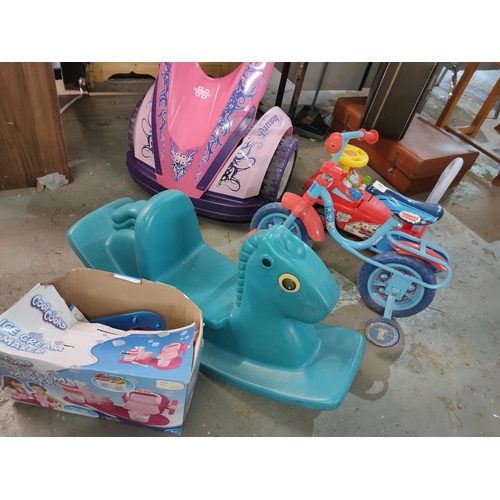 713 - JOB LOT TODDLER ITEMS , BIKE , RIDE ON CAR, HORSE AND AN ICE CREAM MACHINE