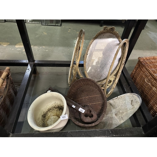 972 - Collection of items including mirror, chamber pot and key hook