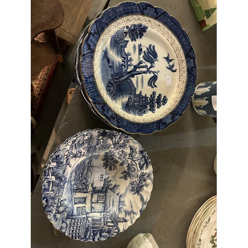 993 - Collection of Booths The Real Old Willow blue and white plates and Myott The Hunter blue and white b... 