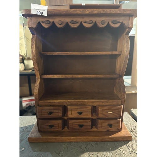 999 - Wooden table top display stand with shelves and drawers