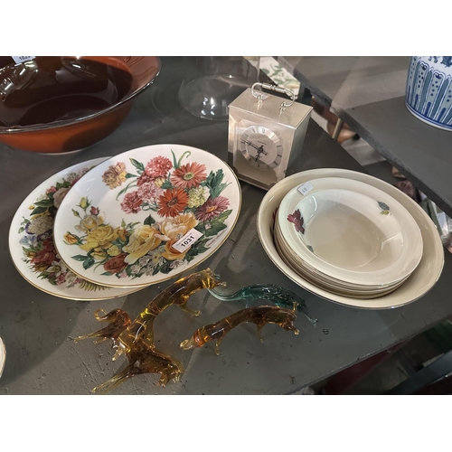 1031 - Collection of items including Glass Animals, carriage clock and collectible German plates