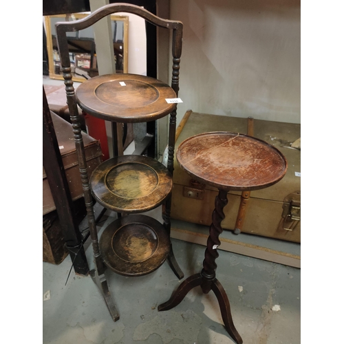 1216 - Late victorian folding cake display table and tripod wine table