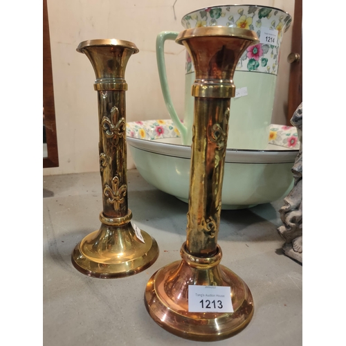 1213 - Pair of brass and copper candle holders *m