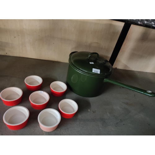 1733 - Lovely deep green large enamelled saucepan together with 7 ceramic ramekin dishes