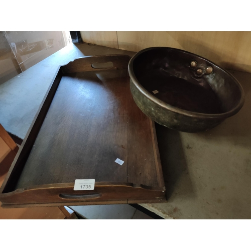 1735 - Lovely vintage wooden tray with handles, and a large hammered metal bowl