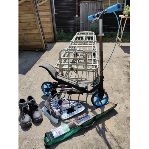 31 - Scooter, ice skates, cricket set and work boots size 7