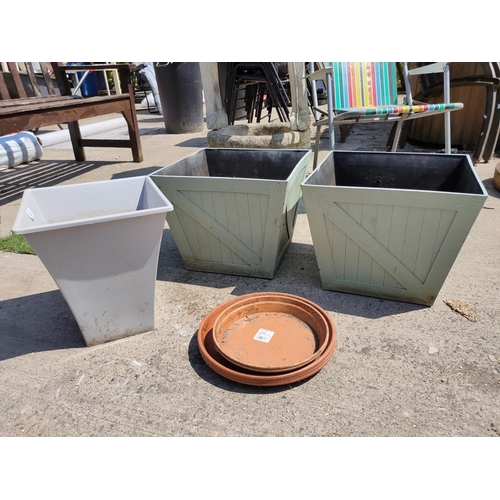 36 - 2 GREEN WOOD EFFECT PLANTERS AND MORE