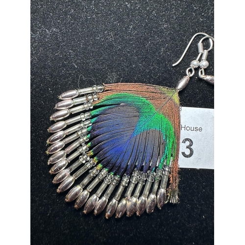 2003 - Beautiful pair of white metal Peacock feather dangle earrings