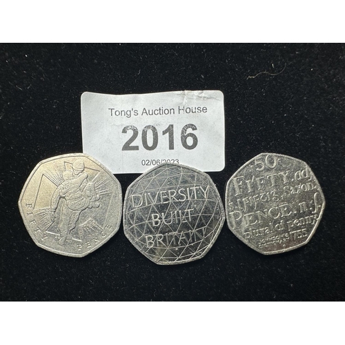 2016 - Three collectible 50p coins including Diversity Built Britain, Victoria Cross and Johnsons Dictionar... 