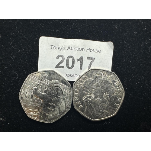 2017 - Two collectible 50p coins including Paddington Bear and Beatrix Potter Benjamin Bunny