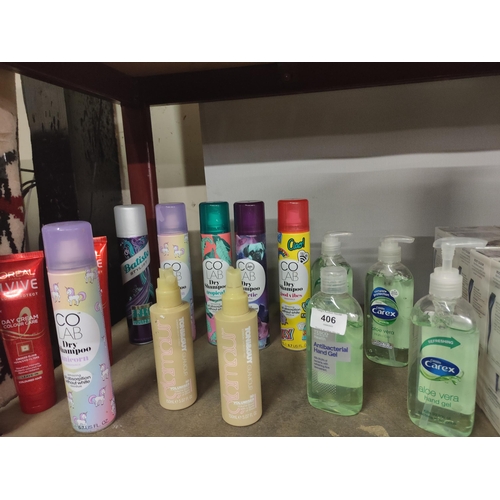 406 - Collection of hair products including L'OREAL leave in conditioner, TONI & GUY Volumiser, CO LAB dry... 