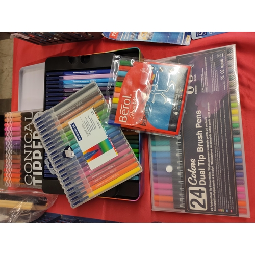 527 - Tin of 49 Staedler Tri-Plus coloured pens plus extra pack of 20. Also Berol fibre tipped pens and 24... 